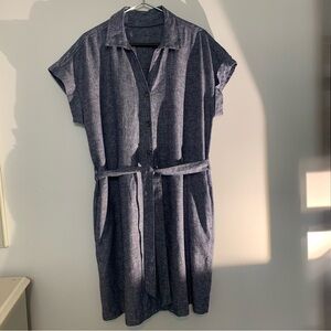 Blue Button Down Midi Shirt Dress with Notched Collar - linen blend